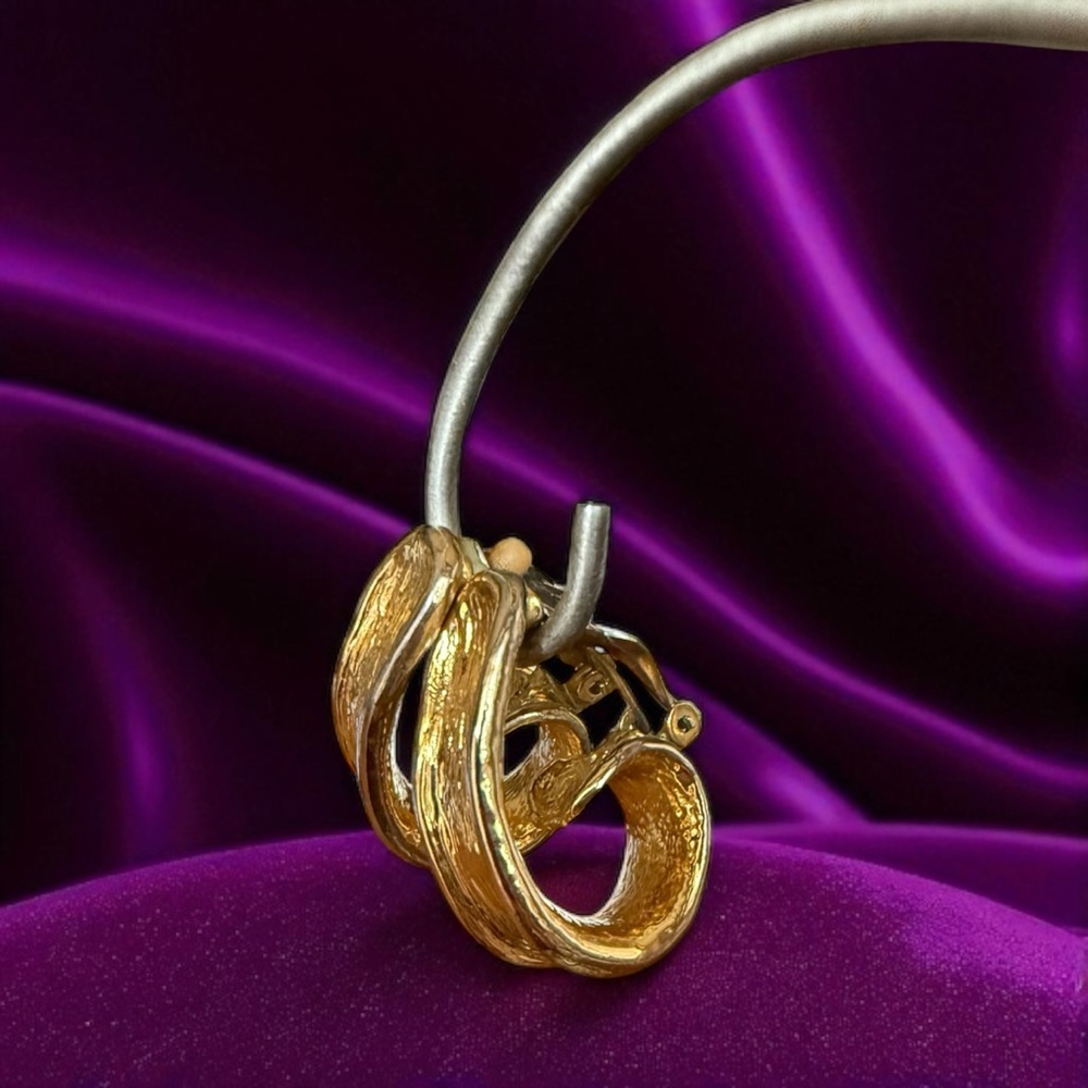 Vintage Textured Gold Triple Swirl Hoop Earrings Clip On Chunky Statement Boho